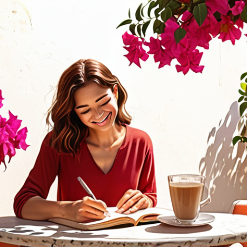 Home 11 **
A vibrant digital illustration depicting a woman in a sun-drenched Spanish garden, journaling with a smile. She's surrounded by blooming bougainvillea and enjoys a café con leche. The style should be warm, inviting, and emphasize the feeling of gratitude and mindfulness. Include subtle visual cues representing growth mindset, like a small plant reaching for the sunlight.
**
