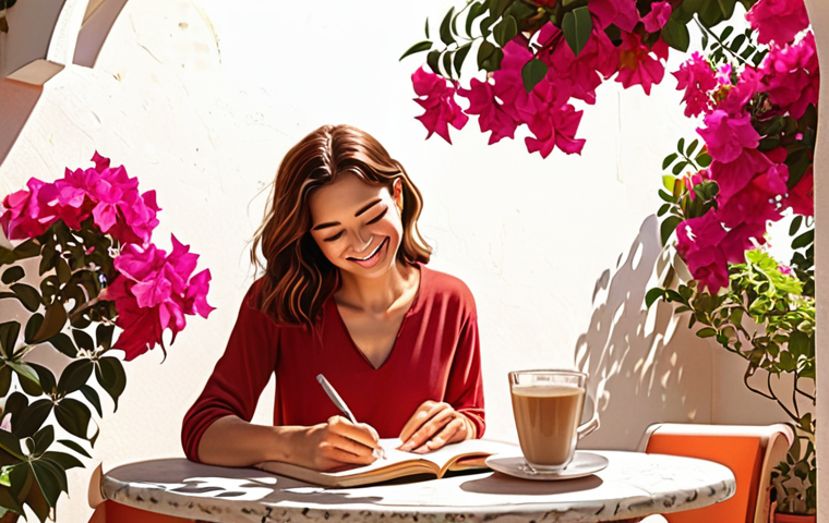**
A vibrant digital illustration depicting a woman in a sun-drenched Spanish garden, journaling with a smile. She's surrounded by blooming bougainvillea and enjoys a café con leche. The style should be warm, inviting, and emphasize the feeling of gratitude and mindfulness. Include subtle visual cues representing growth mindset, like a small plant reaching for the sunlight.
**