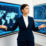 A professional individual in a modest business suit, fully clothed, is depicted in a futuristic, clean office space. They are interacting with holographic interfaces displaying abstract data visualizations and connecting lines, symbolizing the synergy between human talent and advanced technology. The scene emphasizes innovation and continuous learning. Perfect anatomy, correct proportions, natural pose, well-formed hands, proper finger count, natural body proportions. Professional photography, high resolution, intricate details, soft lighting, modern aesthetic. safe for work, appropriate content, fully clothed, professional.