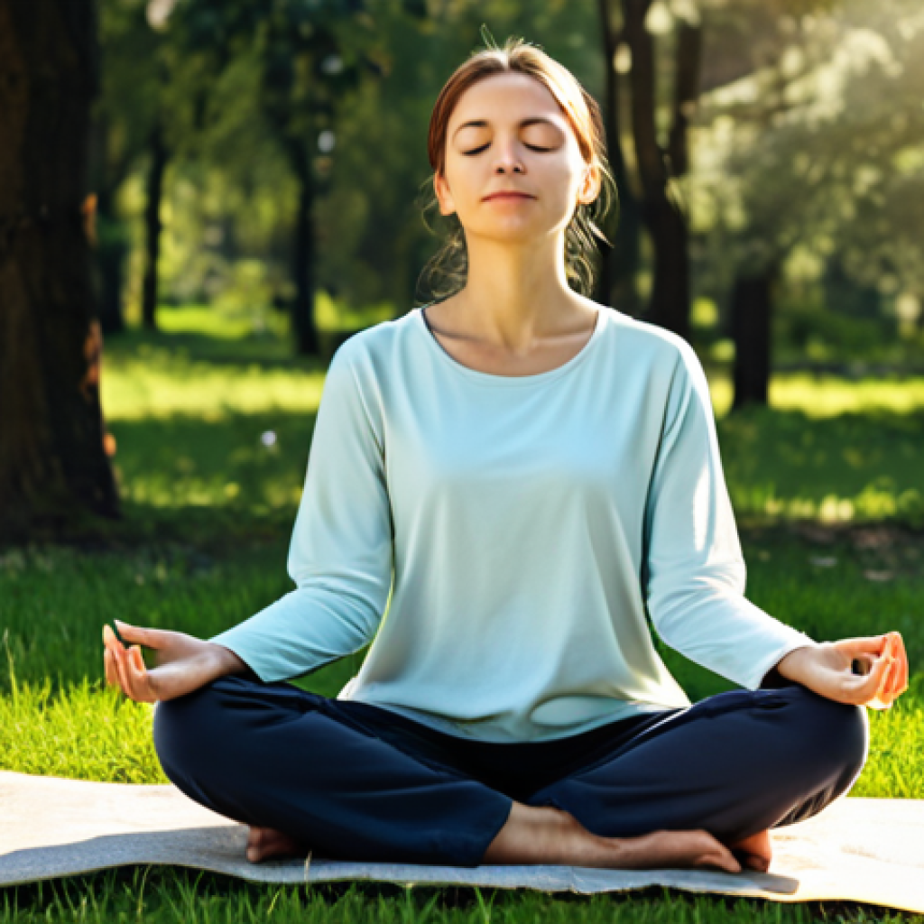 Mindfulness & Emotional Acceptance**
A woman sitting peacefully in a park, fully clothed in comfortable, modest clothing. She is practicing mindfulness meditation with eyes closed. The background shows a serene nature scene with soft sunlight. Perfect anatomy, correct proportions, well-formed hands, proper finger count, natural pose, safe for work, appropriate content, fully clothed, professional, family-friendly.
**