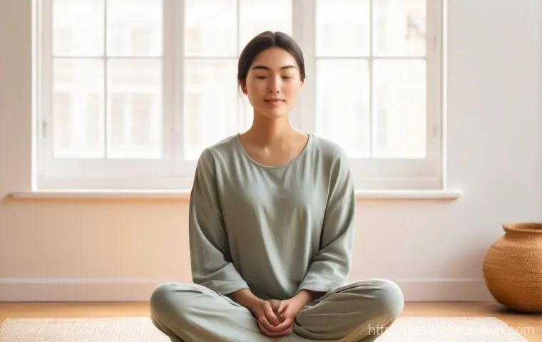 정신적 회복탄력성 증진 방법 - **"A young adult, gender-neutral, with a calm and serene expression, sitting comfortably in a well-l...