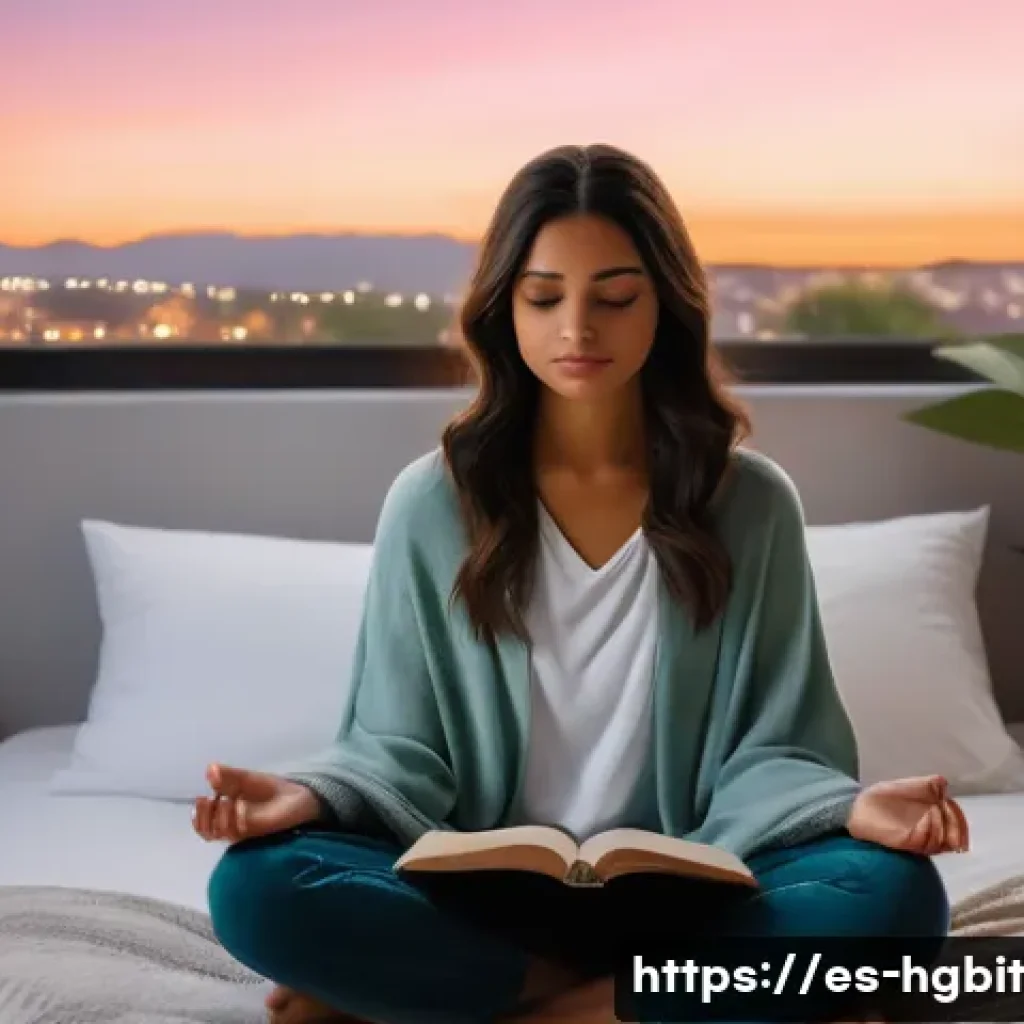 회복탄력성을 위한 자기 개발 자료 - A serene and cozy bedroom scene at night, featuring a young Hispanic woman practicing mindfulness me...