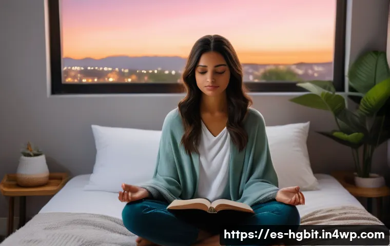 회복탄력성을 위한 자기 개발 자료 - A serene and cozy bedroom scene at night, featuring a young Hispanic woman practicing mindfulness me...