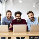Home 21 회복탄력성을 높이는 유머의 힘 - A diverse group of cheerful coworkers in a modern, bright Spanish office space sharing a light-heart...