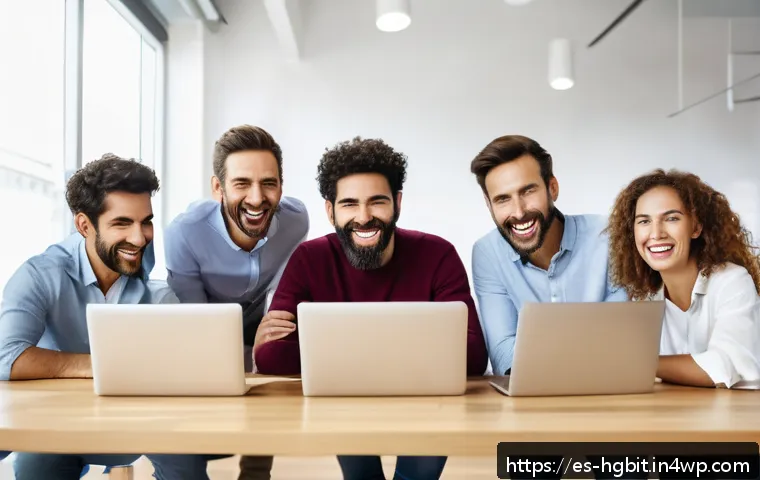 회복탄력성을 높이는 유머의 힘 - A diverse group of cheerful coworkers in a modern, bright Spanish office space sharing a light-heart...