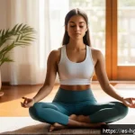 Home 23 회복탄력성을 위한 자기 동기화 기법 - A serene young Hispanic woman sitting cross-legged on a wooden floor in a cozy, sunlit living room, ...