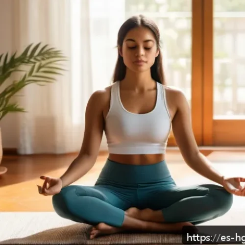Home 17 회복탄력성을 위한 자기 동기화 기법 - A serene young Hispanic woman sitting cross-legged on a wooden floor in a cozy, sunlit living room, ...