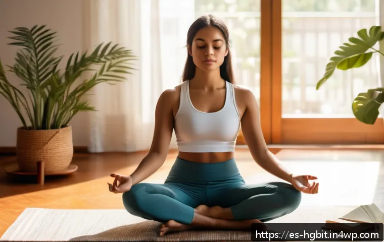 회복탄력성을 위한 자기 동기화 기법 - A serene young Hispanic woman sitting cross-legged on a wooden floor in a cozy, sunlit living room, ...