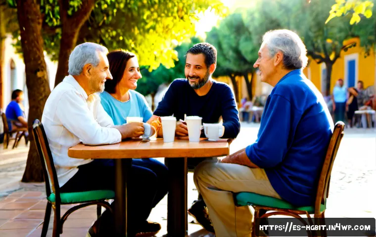회복탄력성 강화를 위한 사회적 관계 구축 - Photorealistic warm community gathering in a sunny Spanish-speaking neighborhood plaza, a diverse gr...