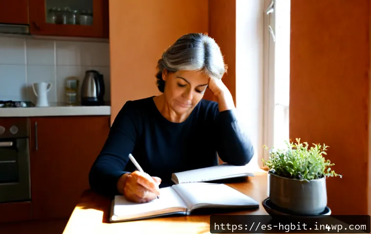 회복탄력성을 위한 비판적 자기 성찰 - Photorealistic middle-aged Spanish woman seated alone at a sunlit kitchen table in a modest Madrid a...